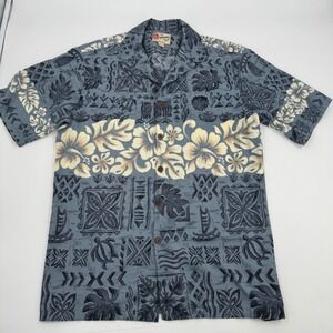 Hilo Hattie Hawaiian Shirt Mens Medium M Blue Floral Turtle Sailboat‎ Button Up